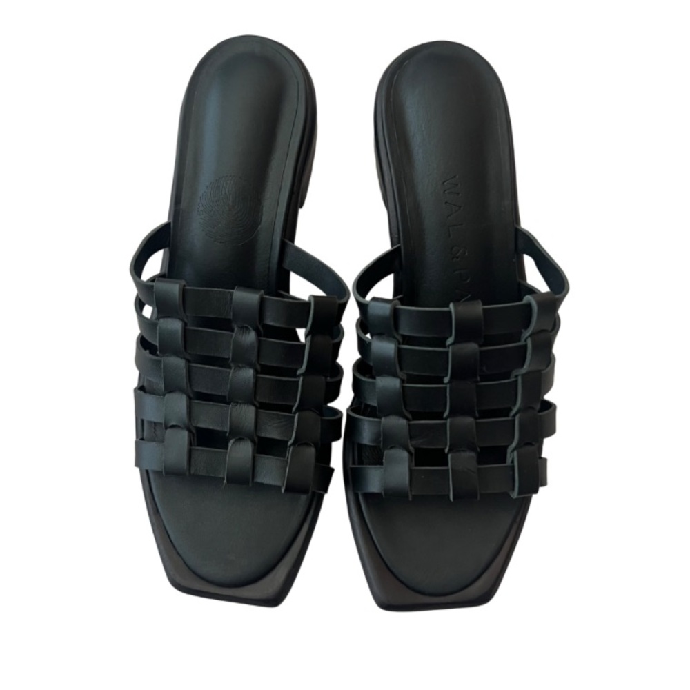 WAL & PAI Black Calf Leather Woven Mule Sandals Women's Size 39 Shoe